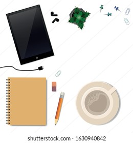 Desk, beige cup of coffee, notebook, pencil, flower, clips, tablet. Top view with space for your text. vector illustration.