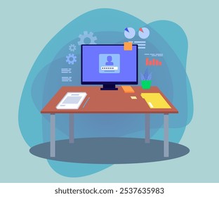 Mesa com grande monitor de computador, documentos, post-it nota, lápis, fábrica de escritório. Ilustração de vetor plano. Conceito moderno de local de trabalho de escritório