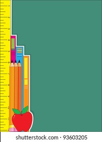 A Desk Blotter Green Background, With A Colorful Apple And Set Of School Utensils, Forming A Border On The Left Margin.