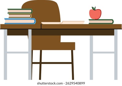 Uma mesa com livros e uma maçã fica em cima dela perto de uma cadeira.  Uma área de estudo é mostrada com literatura e frutas em uma mesa e assento. Ilustração de vetor de desenhos animados