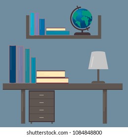 Desk  with books and globe. Workplace of the student. Education concept. Easy to edit vector design template for your artworks, websites, social media etc.
