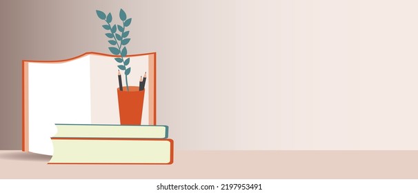 Desk with books and pencils as workplace for study, flat vector stock illustration or copy space template for design