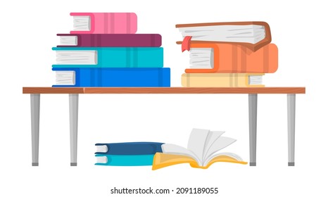 Desk with books. Study research concept. Book in stacks and piles