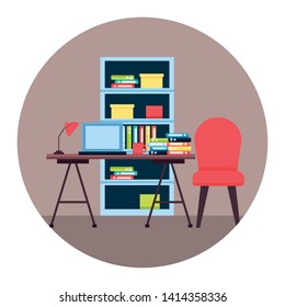 desk bookshelf chair laptop lamp books coffee cup workplace office furniture vector illustration