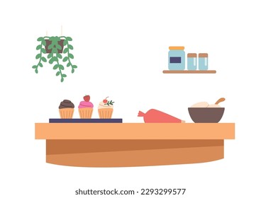 Desk With Bowl Of Whipped Cream, Baked Muffins Or Cupcakes On Tray. Homemade Pastry Production, Cartoon Illustration