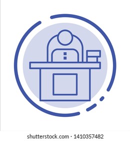 Desk, Business, Computer, Laptop, Person, Personal, User Blue Dotted Line Line Icon