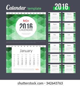 Desk Calendar 2016 Design Template with abstract trendy hexagonal colorful pattern. Sunday Start. Set of 12 Months. vector illustration