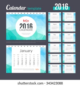 Desk Calendar 2016 Design Template with triangular trendy marine pattern. Sunday Start. Set of 12 Months. vector illustration