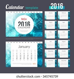 Desk Calendar 2016 Design Template with abstract trendy triangles halftone dotwork pattern. Sunday Start. Set of 12 Months. vector illustration
