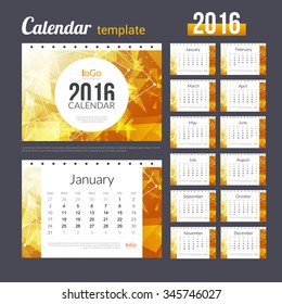 Desk Calendar 2016 Design Template with abstract trendy triangles halftone dotwork pattern. Sunday Start. Set of 12 Months. vector illustration