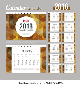 Desk Calendar 2016 Design Template with abstract trendy hexagonal coffee color pattern. Sunday Start. Set of 12 Months. vector illustration