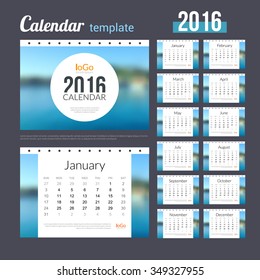 Desk Calendar 2016 Design Template with Nature Coast Water Background. Sunday Start. Set of 12 Months. vector illustration.