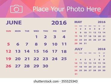 Desk Calendar 2016 Design Template. Week Starts Sunday