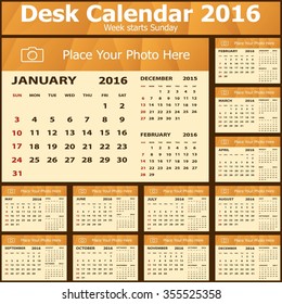 Desk Calendar 2016 Design Template. Set of 12 Months. Week Starts Sunday