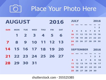 Desk Calendar 2016 Design Template. Week Starts Sunday