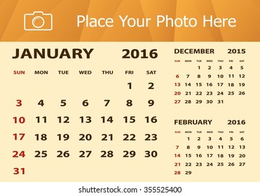 Desk Calendar 2016 Design Template. Week Starts Sunday