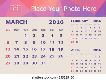Desk Calendar 2016 Design Template. Week Starts Sunday