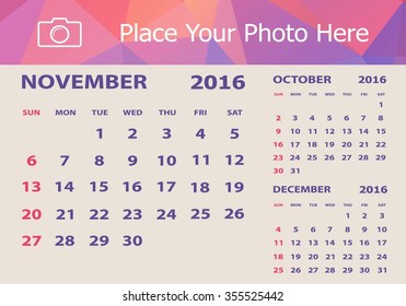Desk Calendar 2016 Design Template. Week Starts Sunday