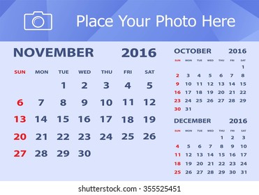 Desk Calendar 2016 Design Template. Week Starts Sunday