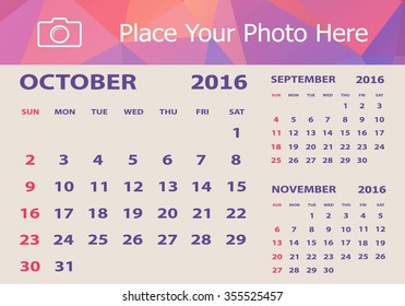 Desk Calendar 2016 Design Template. Week Starts Sunday