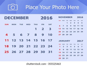 Desk Calendar 2016 Design Template. Week Starts Sunday