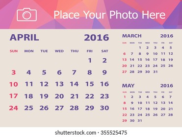 Desk Calendar 2016 Design Template. Week Starts Sunday