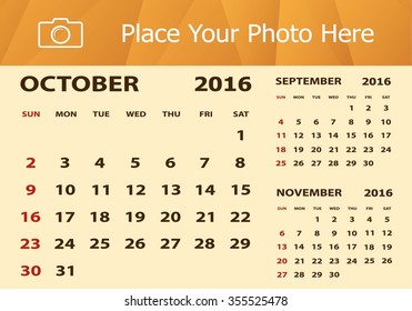 Desk Calendar 2016 Design Template. Week Starts Sunday