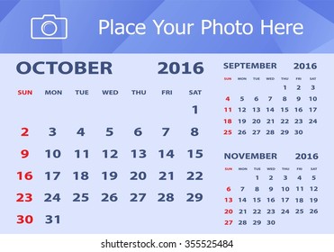 Desk Calendar 2016 Design Template. Week Starts Sunday