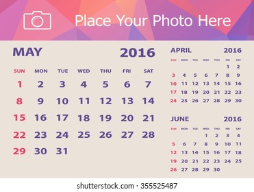 Desk Calendar 2016 Design Template. Week Starts Sunday