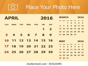 Desk Calendar 2016 Design Template. Week Starts Sunday