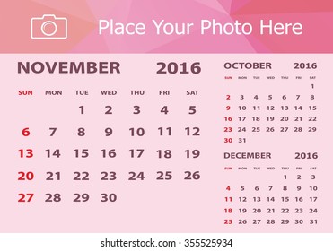 Desk Calendar 2016 Design Template. Week Starts Sunday