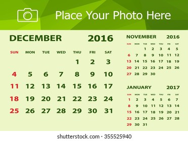Desk Calendar 2016 Design Template. Week Starts Sunday