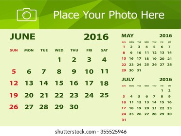 Desk Calendar 2016 Design Template. Week Starts Sunday