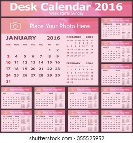 Desk Calendar 2016 Design Template. Set of 12 Months. Week Starts Sunday