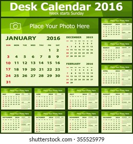 Desk Calendar 2016 Design Template. Set of 12 Months. Week Starts Sunday