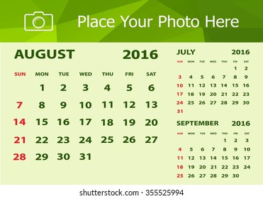 Desk Calendar 2016 Design Template. Week Starts Sunday