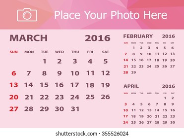 Desk Calendar 2016 Design Template. Week Starts Sunday