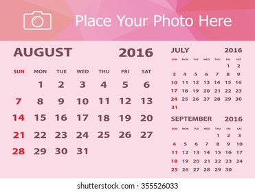 Desk Calendar 2016 Design Template. Week Starts Sunday