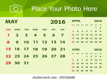 Desk Calendar 2016 Design Template. Week Starts Sunday