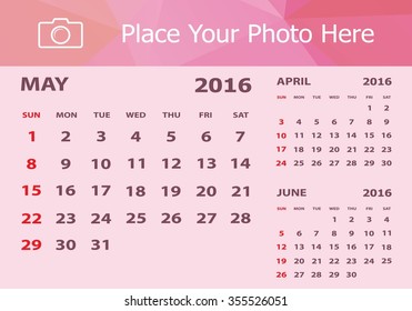 Desk Calendar 2016 Design Template. Week Starts Sunday