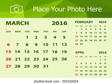 Desk Calendar 2016 Design Template. Week Starts Sunday
