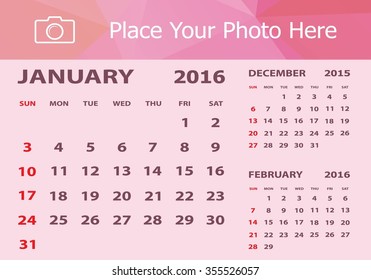 Desk Calendar 2016 Design Template. Week Starts Sunday