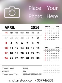 Desk Calendar 2016 Design Template. Week Starts Sunday