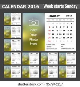 Desk Calendar 2016 Design Template. Set of 12 Months. Week Starts Sunday