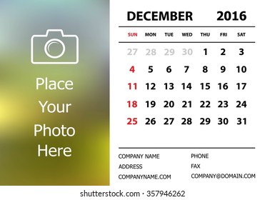 Desk Calendar 2016 Design Template. Week Starts Sunday