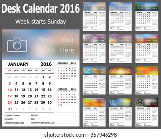 Desk Calendar 2016 Design Template. Set of 12 Months. Week Starts Sunday