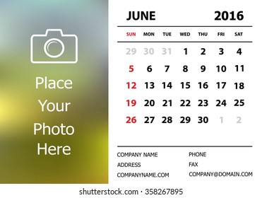 Desk Calendar 2016 Design Template. Week Starts Sunday
