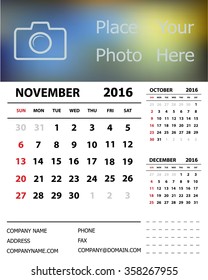 Desk Calendar 2016 Design Template. Week Starts Sunday