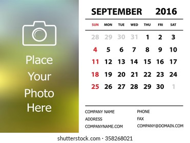 Desk Calendar 2016 Design Template. Week Starts Sunday