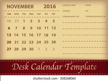 Desk Calendar 2016 Design Template. Week Starts Sunday